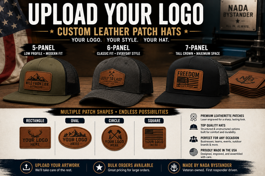 Promotional graphic for custom leather patch hats with text and product images.