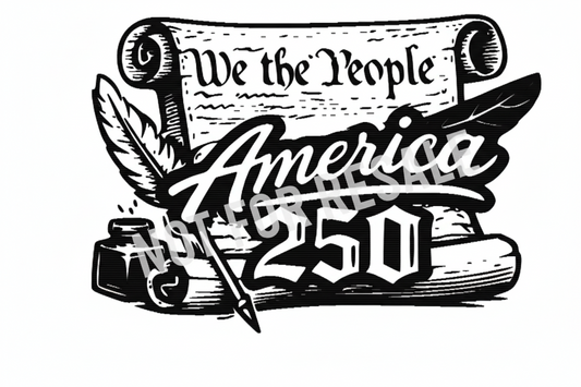Black and white illustration of a scroll with 'We the People America 250' text, feathers, and inkwell.