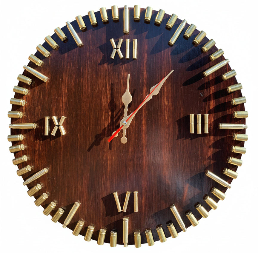 A 14-inch wall clock with a dark stain finish and brass ammo shells used for marking the hours and minutes, accented with polished brass trim.