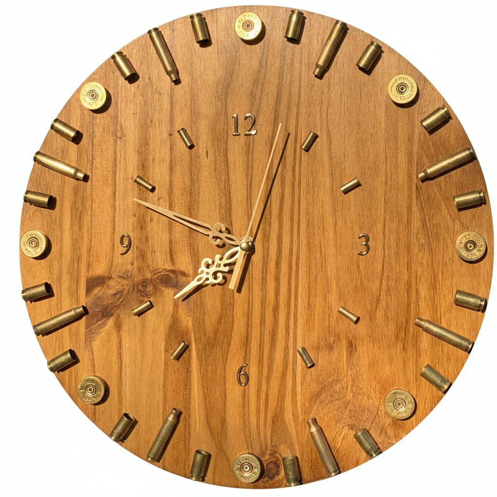 A 14-inch wall clock made of wood, with brass shells and shotgun brass in silver heads, mounted on a wall.