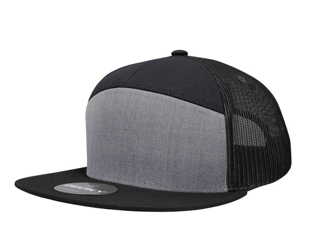Custom 7 Panel Trucker Snapback with custom leatherette or acrylic patch, Made to Order. Decorate with your design. Bulk orders welcome!