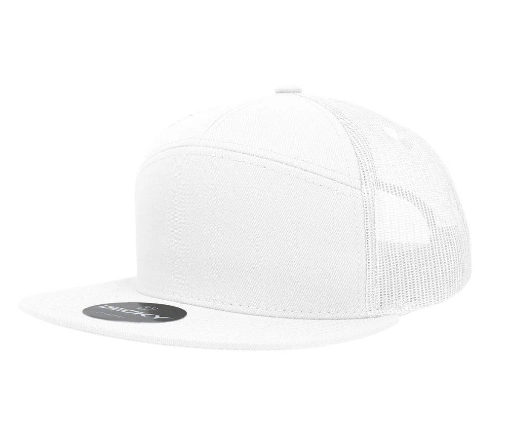 Custom 7 Panel Trucker Snapback with custom leatherette or acrylic patch, Made to Order. Decorate with your design. Bulk orders welcome!