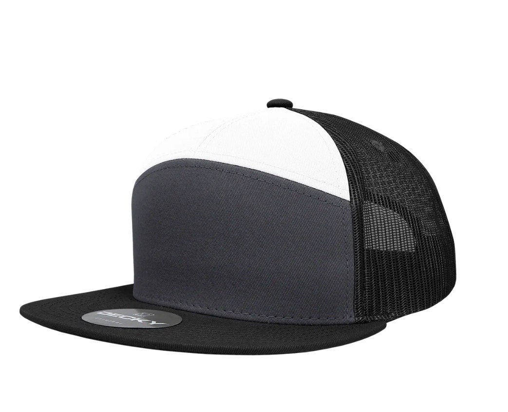 Custom 7 Panel Trucker Snapback with custom leatherette or acrylic patch, Made to Order. Decorate with your design. Bulk orders welcome!