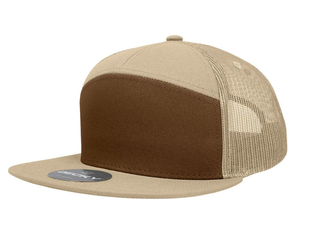 Custom 7 Panel Trucker Snapback with custom leatherette or acrylic patch, Made to Order. Decorate with your design. Bulk orders welcome!