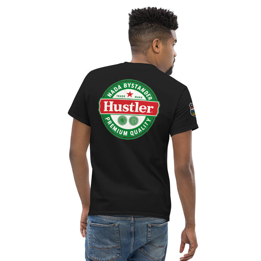 Person wearing a black t-shirt with Hustler branding on the back