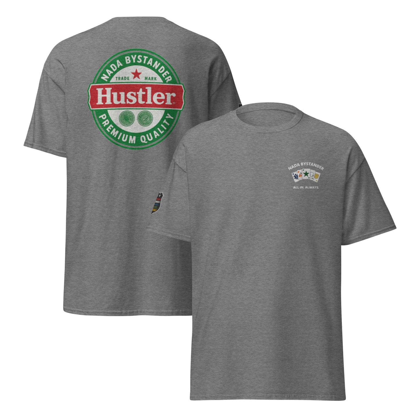 Gray t-shirt with Hustler logo on the back and small graphic on the front, on a white background.