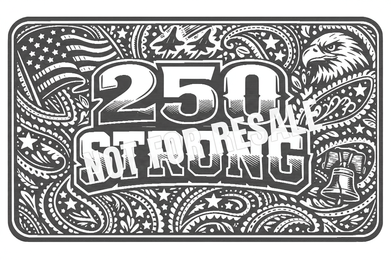 Decorative sign with '250 Strong' text surrounded by patterns and symbols on a white background