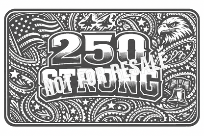 Decorative sign with '250 Strong' text surrounded by patterns and symbols on a white background