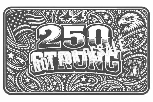 Decorative sign with '250 Strong' text surrounded by patterns and symbols on a white background