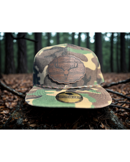 Camo Deer Skull Leather Patch Trucker Hat