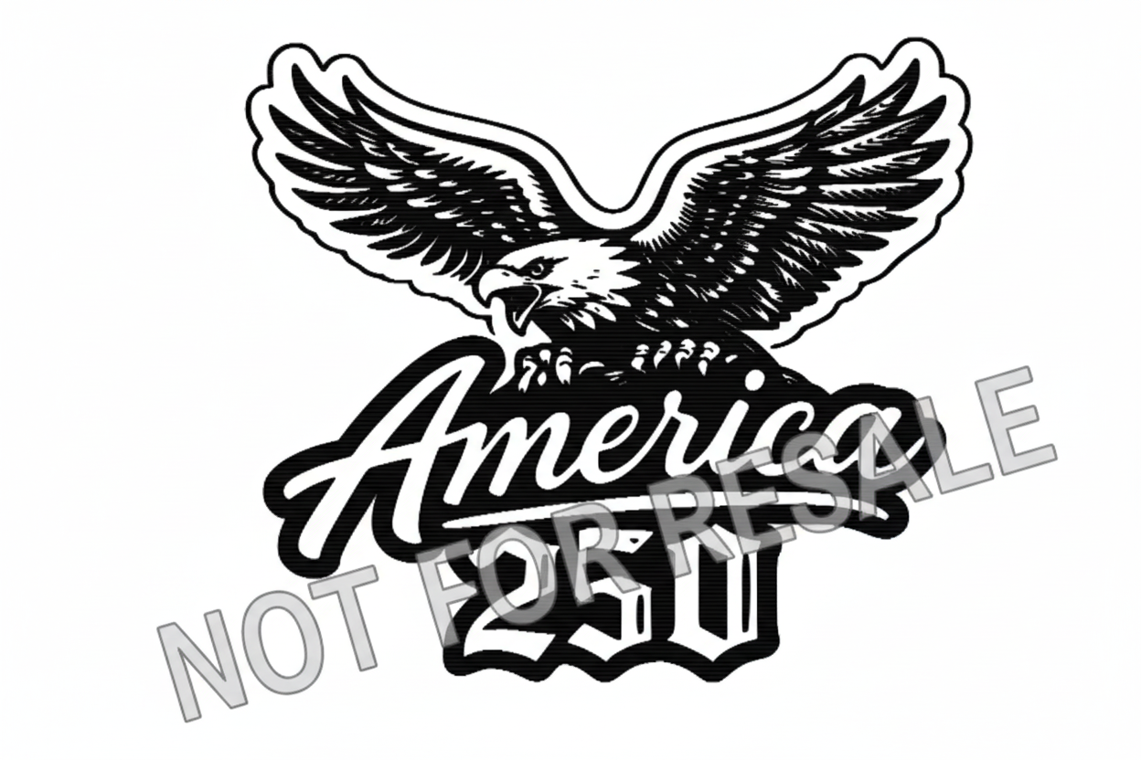 Black and white logo with an eagle and 'America 250' text on a white background