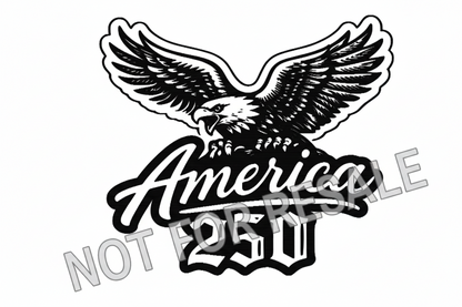 Black and white logo with an eagle and 'America 250' text on a white background