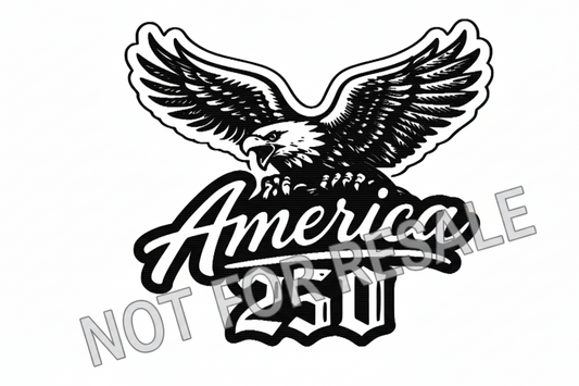 Black and white logo with an eagle and 'America 250' text on a white background