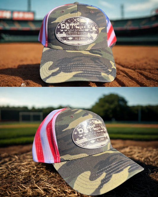 Camo and Old Glory Patriot University Alumni Patch Trucker Hat