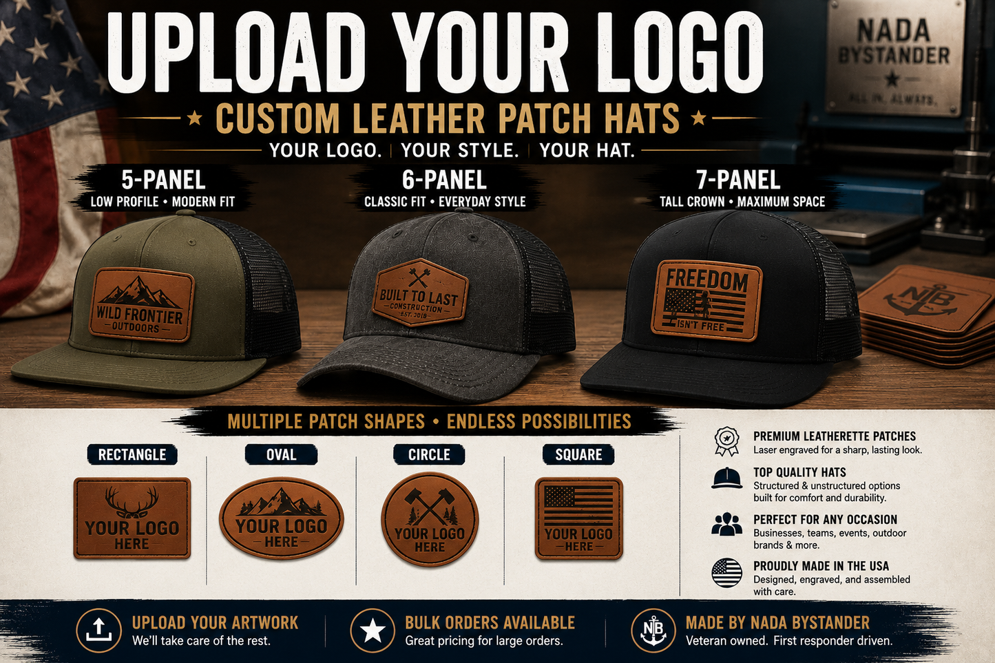 Promotional graphic for custom leather patch hats with text and product images.