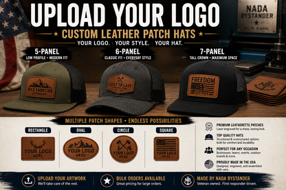 Promotional graphic for custom leather patch hats with text and product images.