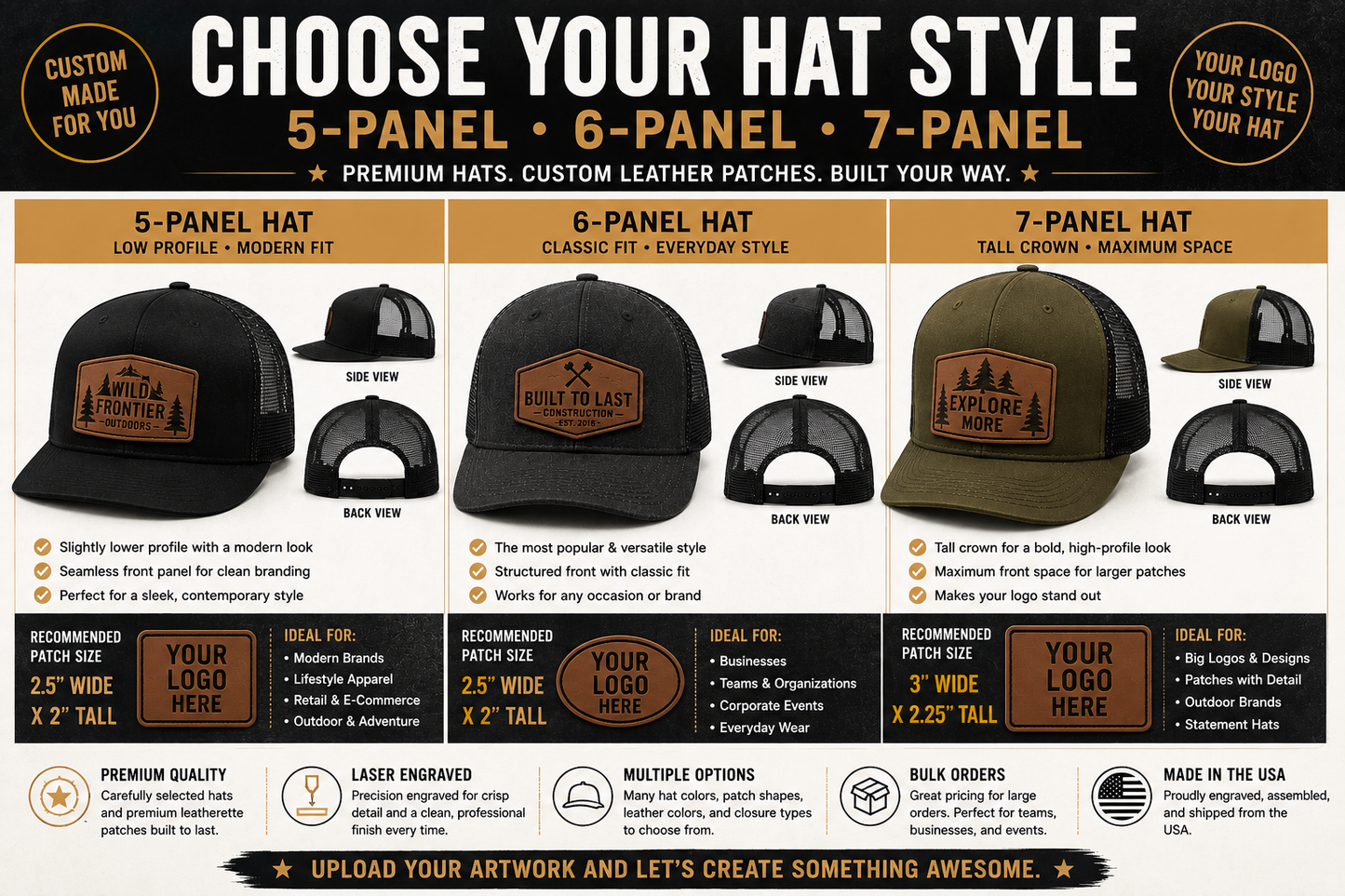 Custom Logo Leather Patch Hats | Upload Your Artwork | Bulk Orders Available