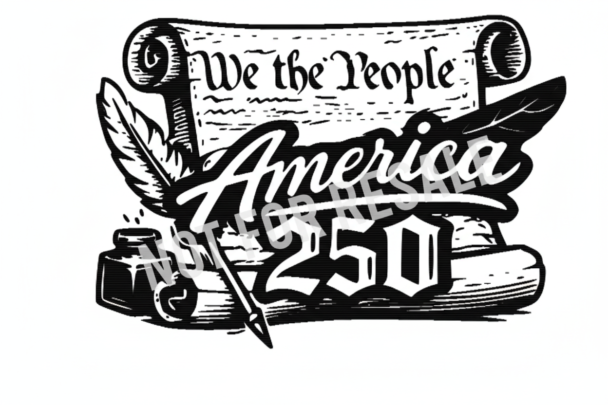 Black and white illustration of a scroll with 'We the People America 250' text, feathers, and inkwell.