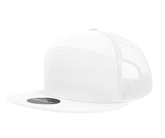 Custom 7 Panel Trucker Snapback with custom leatherette or acrylic patch, Made to Order. Decorate with your design. Bulk orders welcome!
