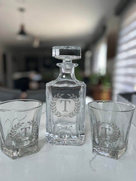 Custom Engraved Decanter, whiskey glass, shot glass set.