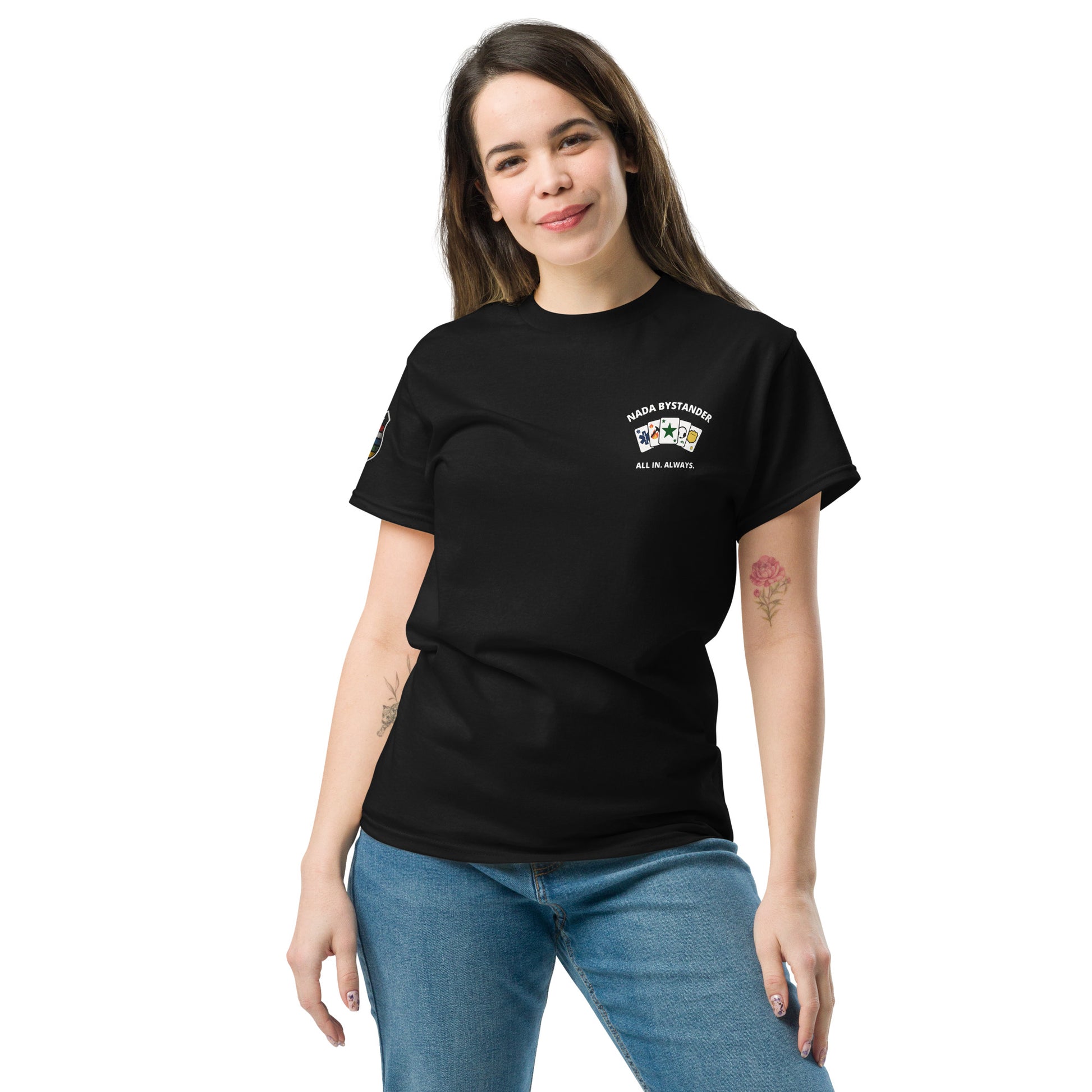 Woman wearing a black t-shirt with a logo on a white background