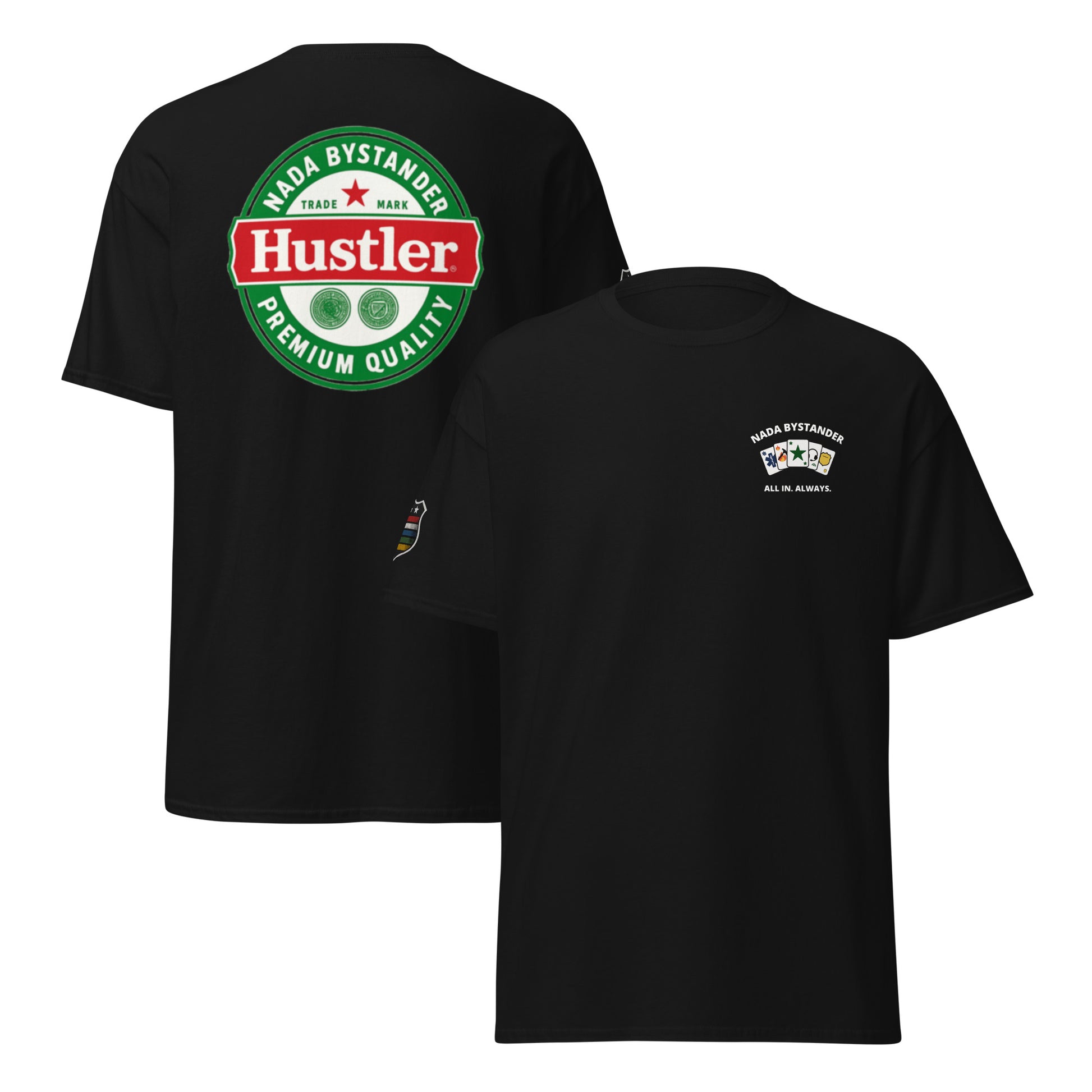 Black t-shirt with Hustler logo on the front and branding on the back