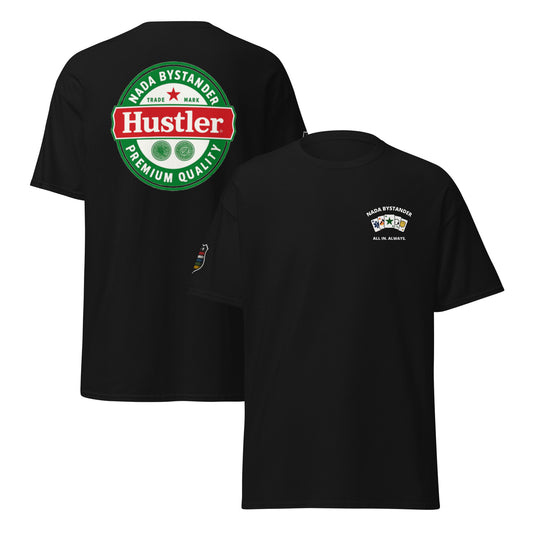 Black t-shirt with Hustler logo on the front and branding on the back