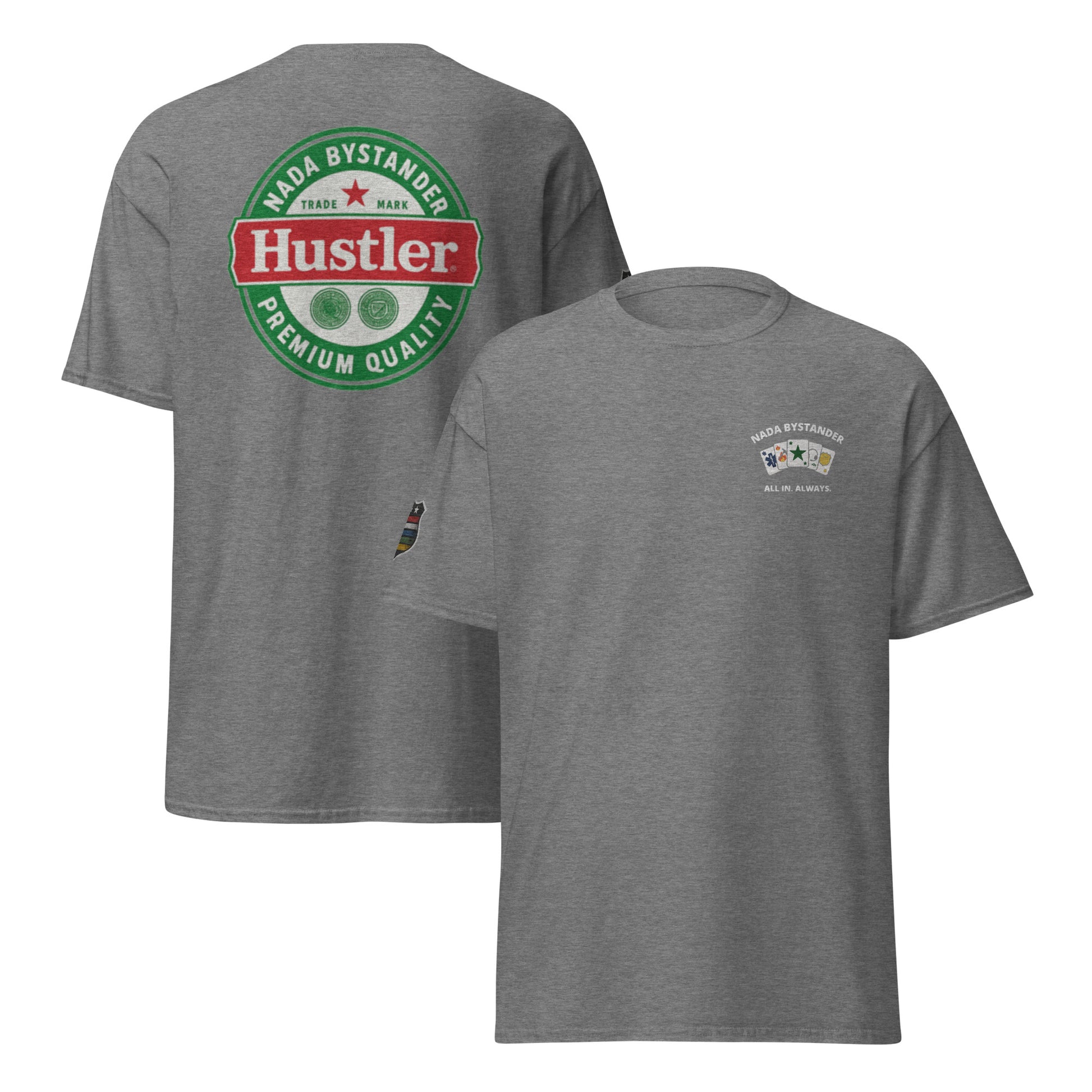 Gray t-shirt with Hustler logo on the back and small graphic on the front, on a white background.