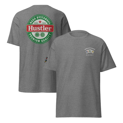Gray t-shirt with Hustler logo on the back and small graphic on the front, on a white background.