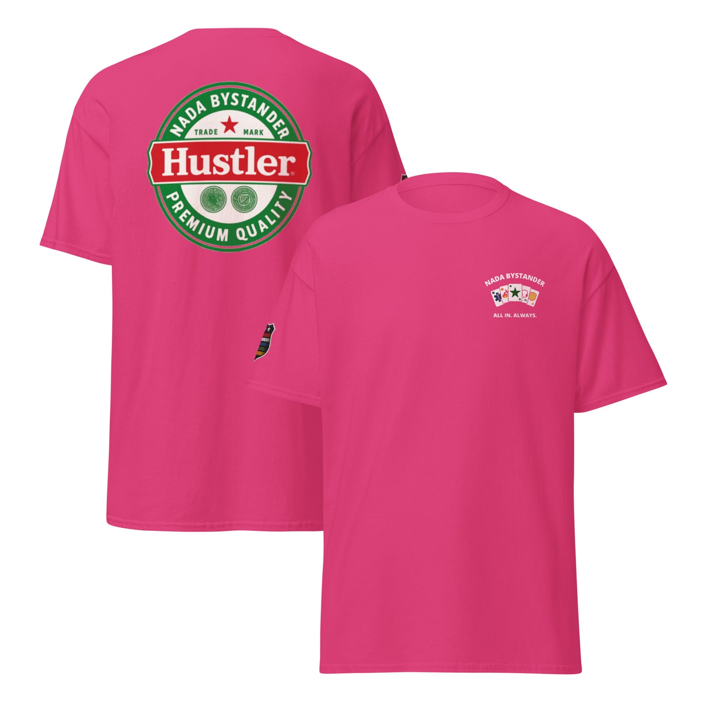 Pink t-shirt with Hustler logo on the back, displayed from front and back views.