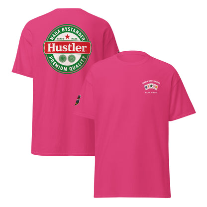Pink t-shirt with Hustler logo on the back, displayed from front and back views.