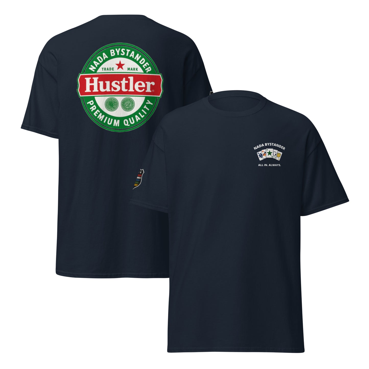Navy Blue t-shirt with Hustler logo on the  back