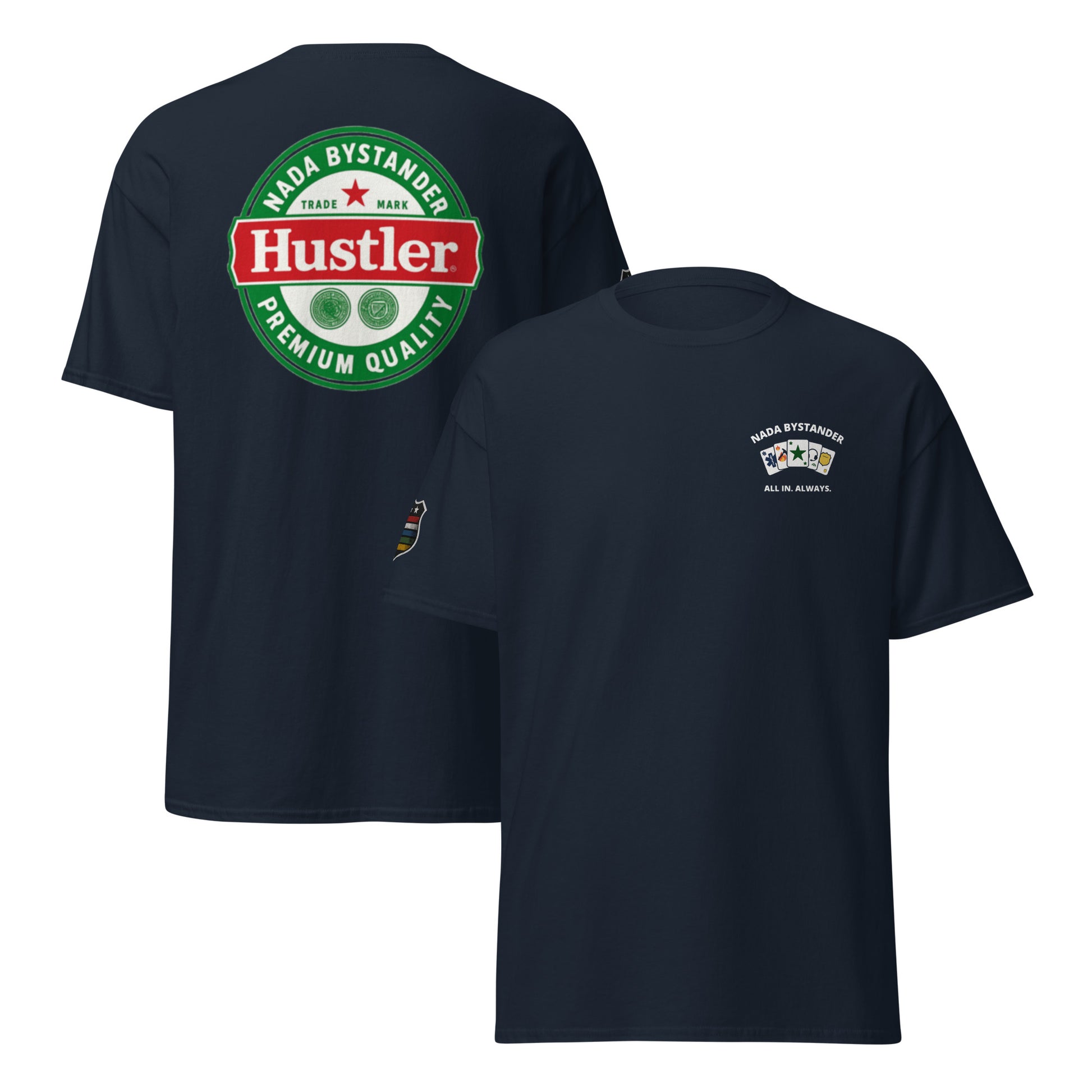 Navy Blue t-shirt with Hustler logo on the  back