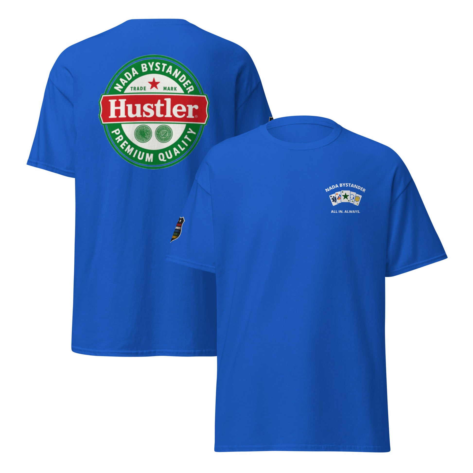 Blue t-shirt with Hustler logo on the front and brand name on the back