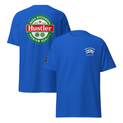 Blue t-shirt with Hustler logo on the front and brand name on the back